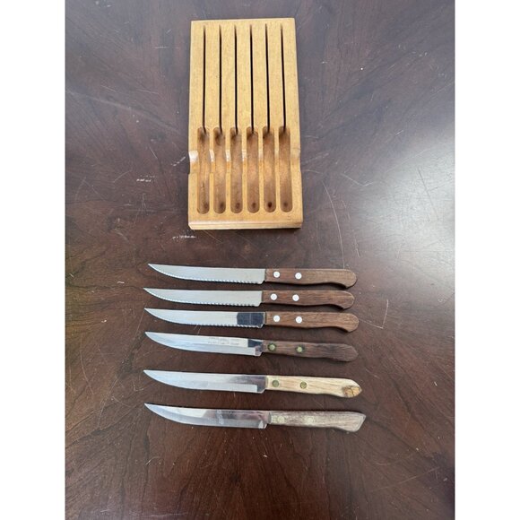 VTG Mix Knife Set 5pc Robinson Everbrite Surgical Stainless Steel Wood USA - Picture 1 of 8